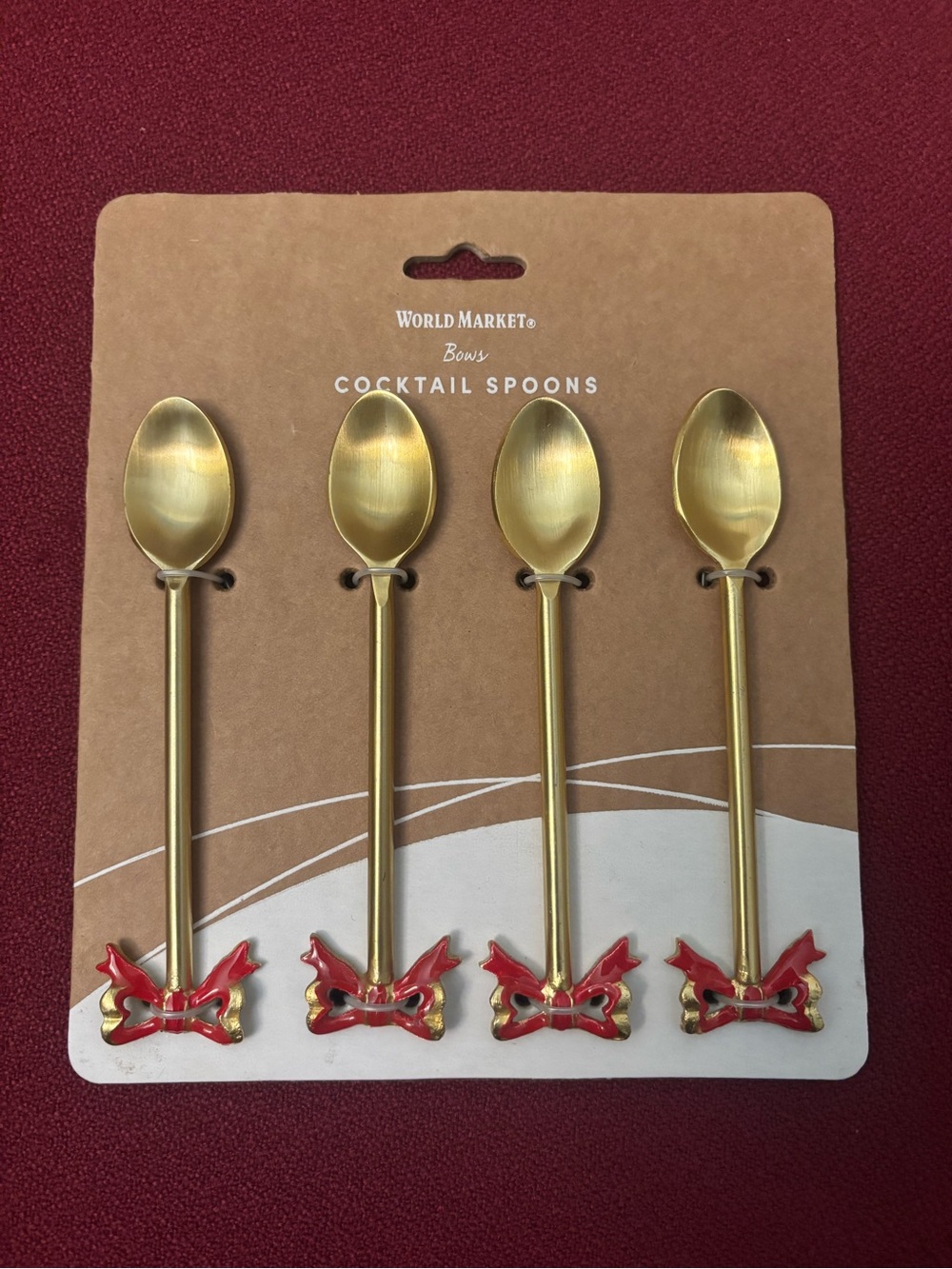 Set of 4 Cocktail Gold Tone Spoons w/ Red Ribbon Handles. Stainless Steel. NWT.